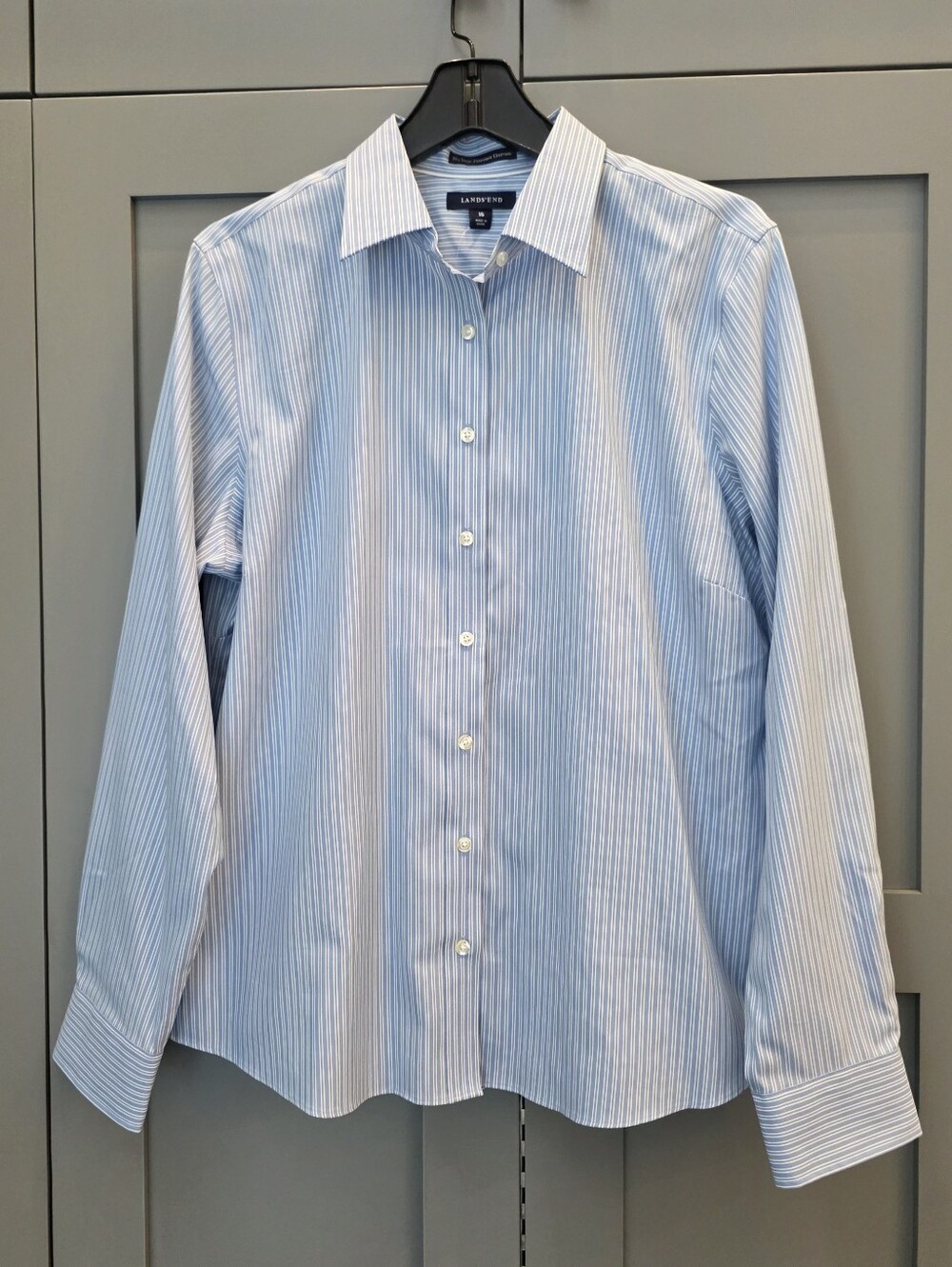 Lands' End Womens No Iron Pinpoint Oxford Button Up Shirt Blue Striped Sz 16 NEW